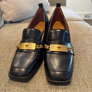 Tory Burch Loafers Chain Heel Black Pumps Logo Leather Shoes Sz 10